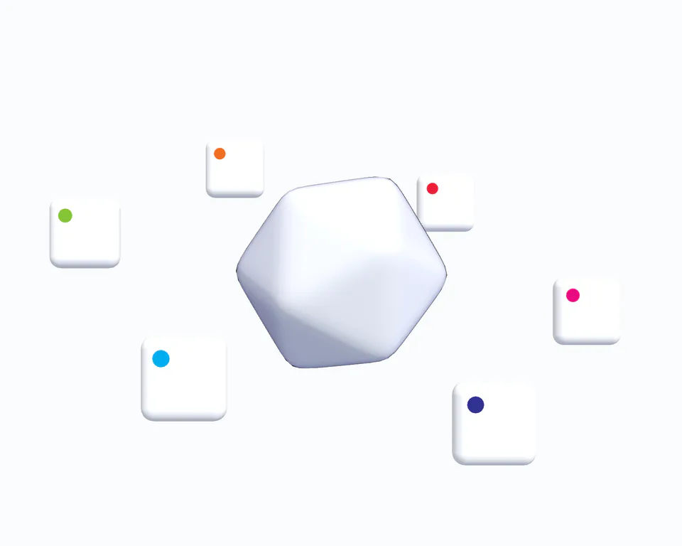 A glossy white core with six modules around it, labelled STT, TTS, LLM, Web, App and Cloud: an engineering team deploying into a product.